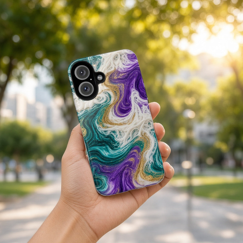 Hand holding the Peacock Resin Wave tough phone case outdoors in a sunny park