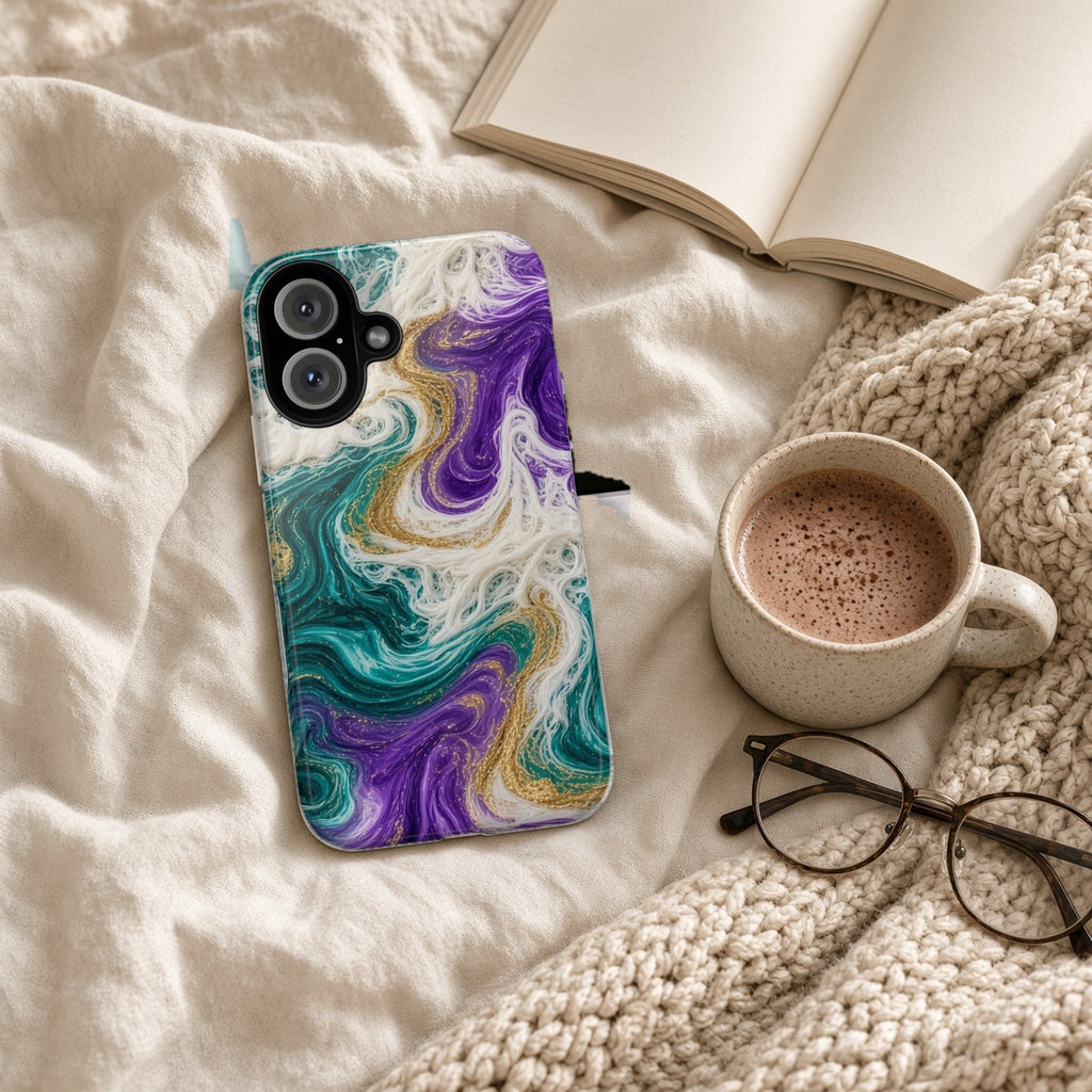Peacock Resin Wave tough phone case on a cosy knit blanket with a hot chocolate and glasses