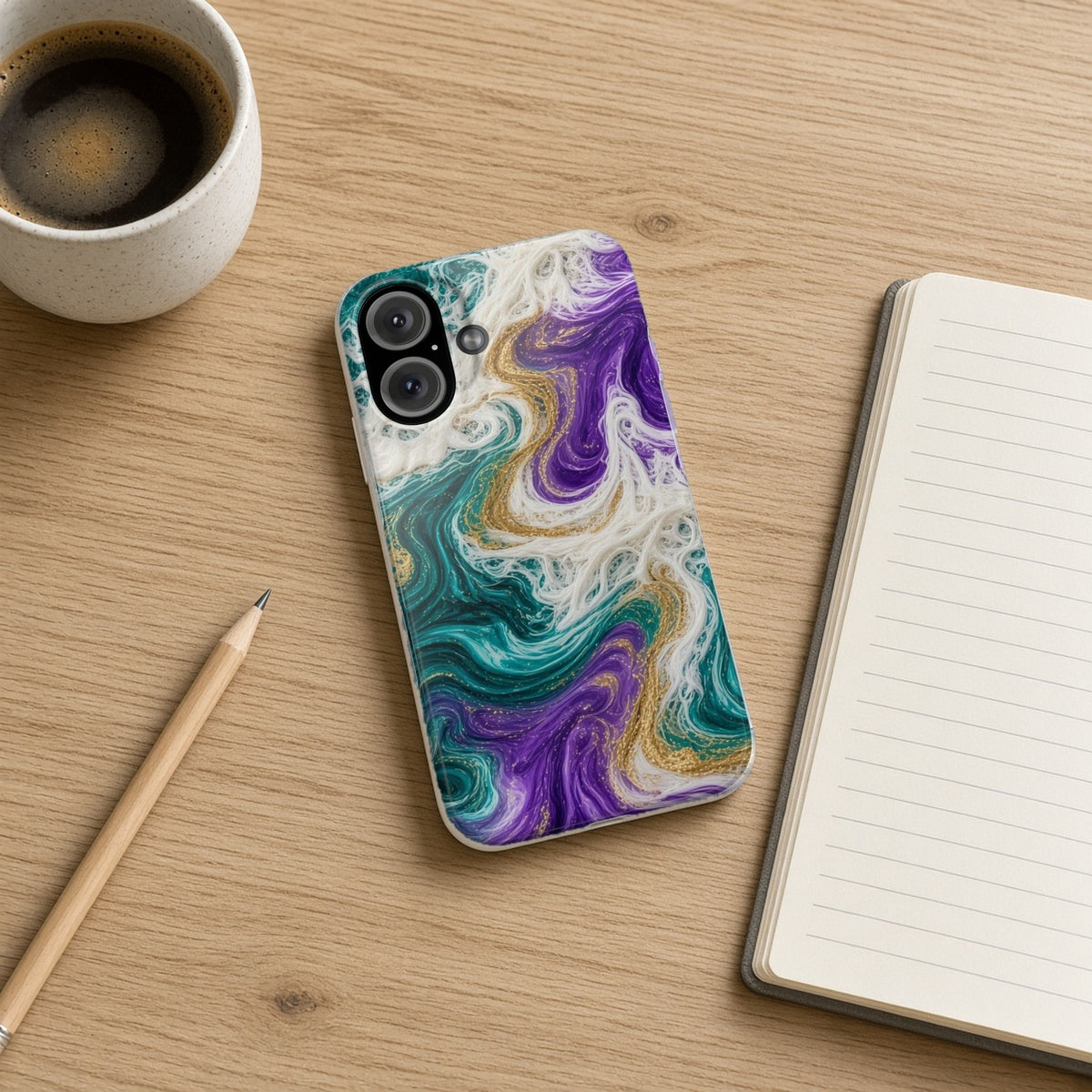 Peacock Resin Wave slim phone case on an oak desk with a notebook, pencil and coffee
