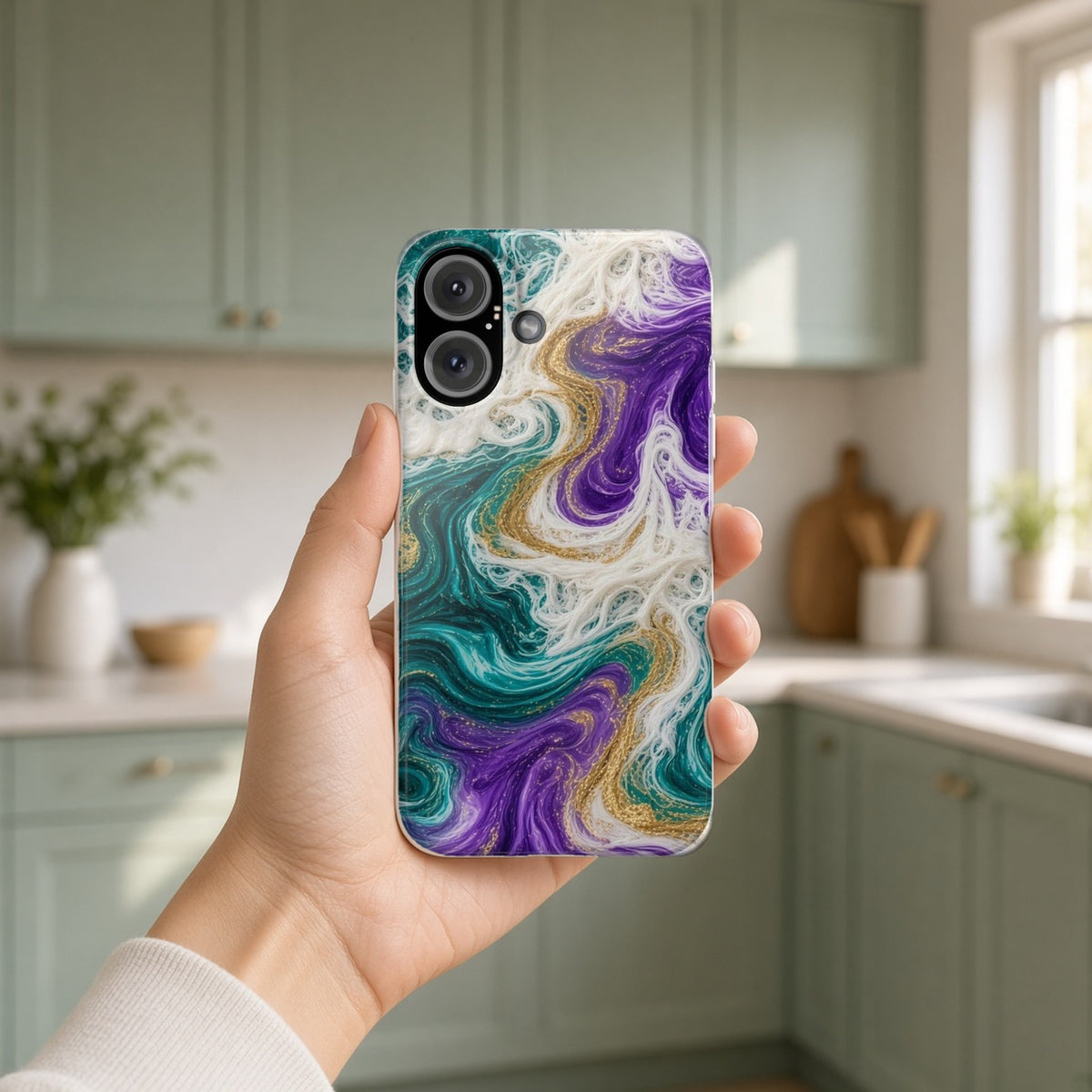 Hand holding the Peacock Resin Wave slim phone case in a bright kitchen