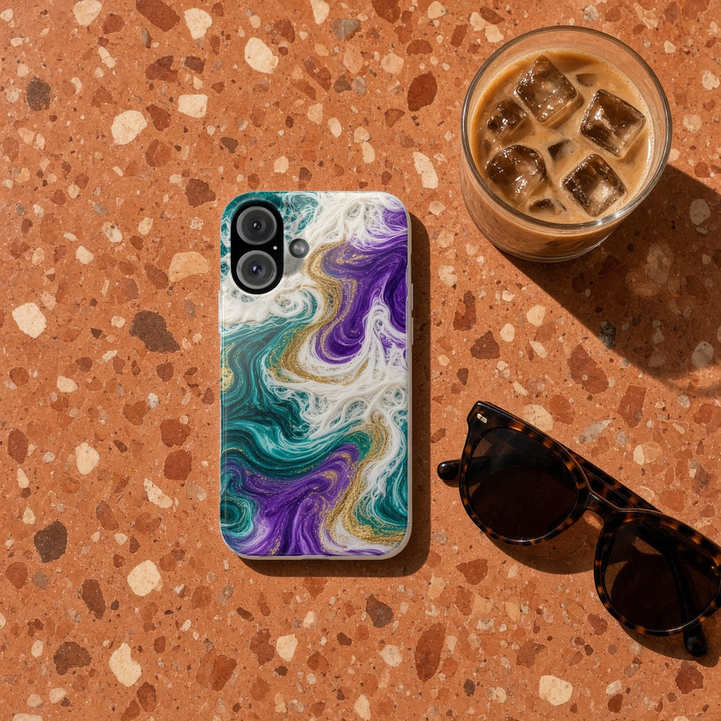 Peacock Resin Wave slim phone case on terrazzo with an iced coffee and sunglasses