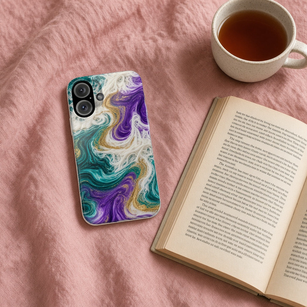 Peacock Resin Wave slim phone case on a pink bedspread with a book and tea
