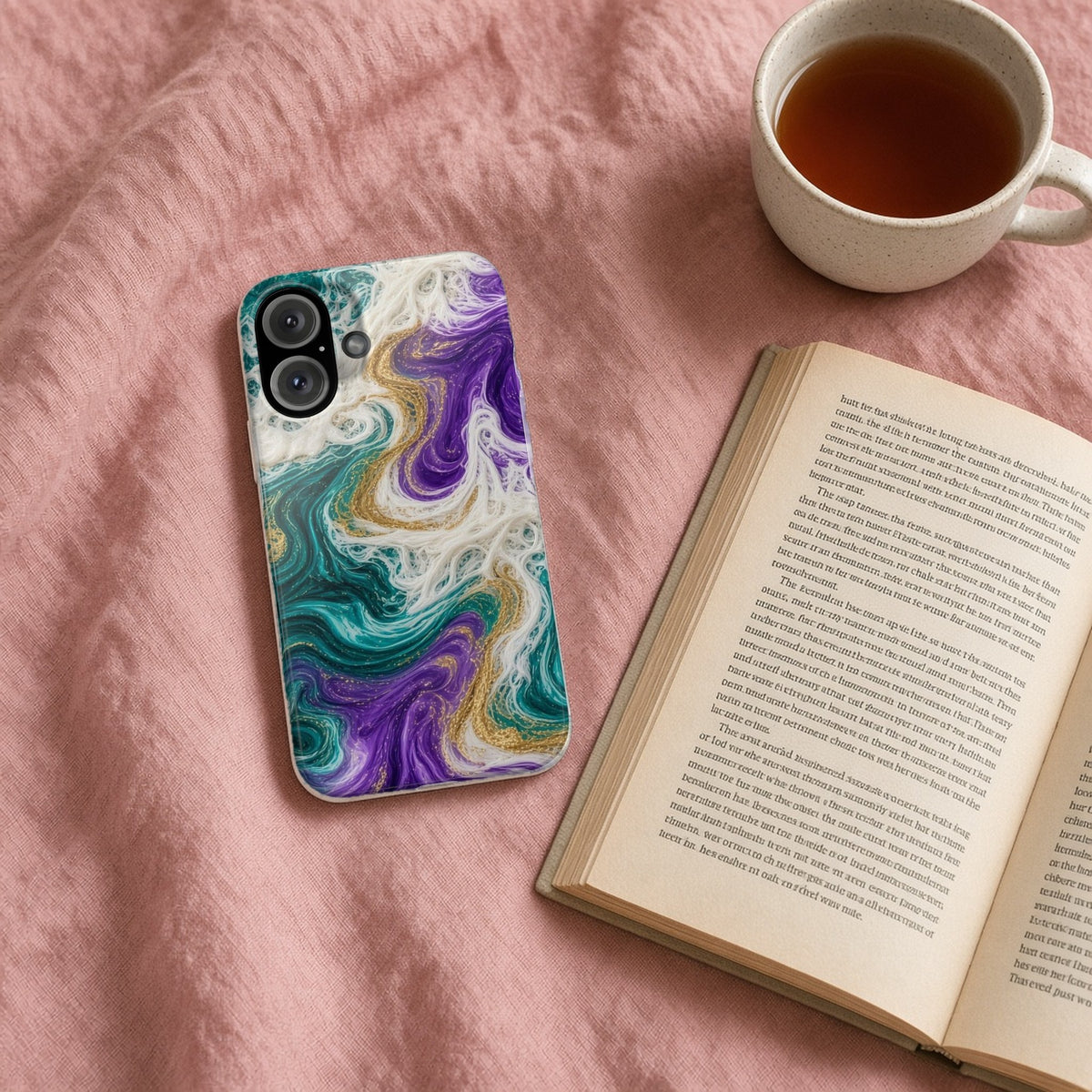 Peacock Resin Wave slim phone case on a pink bedspread with a book and tea