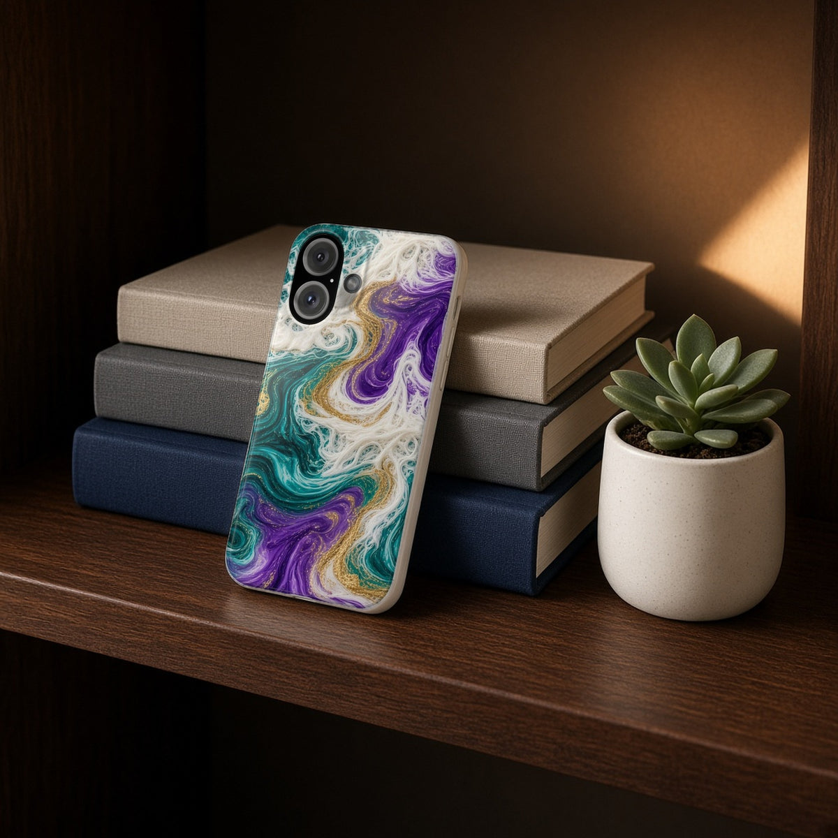 Peacock Resin Wave slim phone case propped on a bookshelf beside a small plant