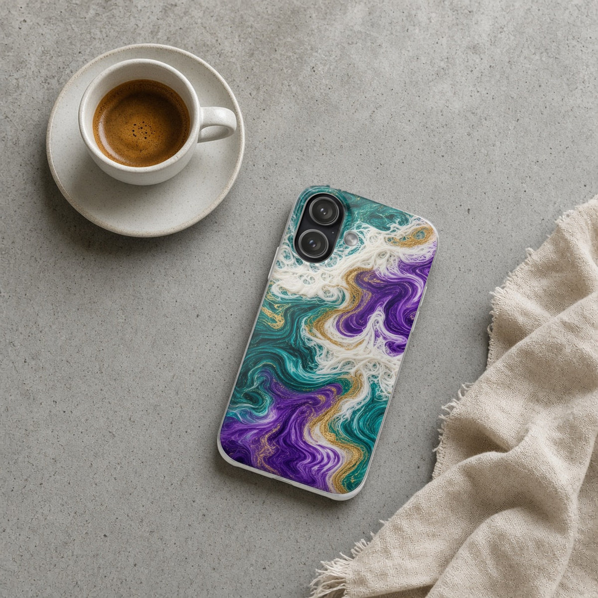 Peacock Resin Wave flexi phone case on a concrete cafe table with an espresso