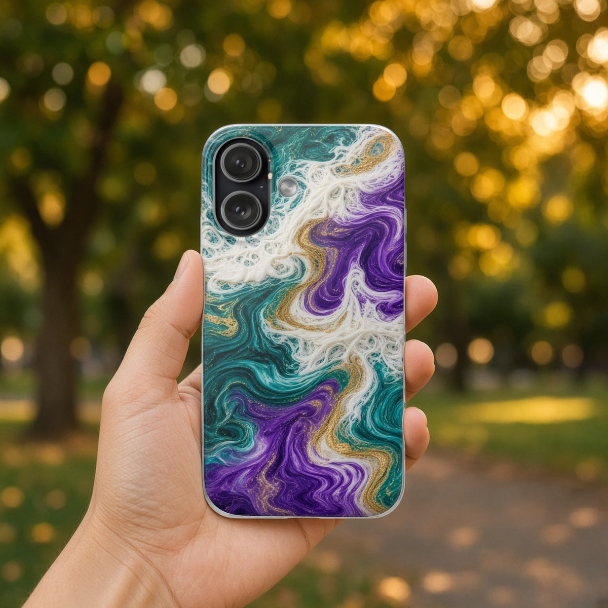 Hand holding the Peacock Resin Wave flexi phone case in a leafy park
