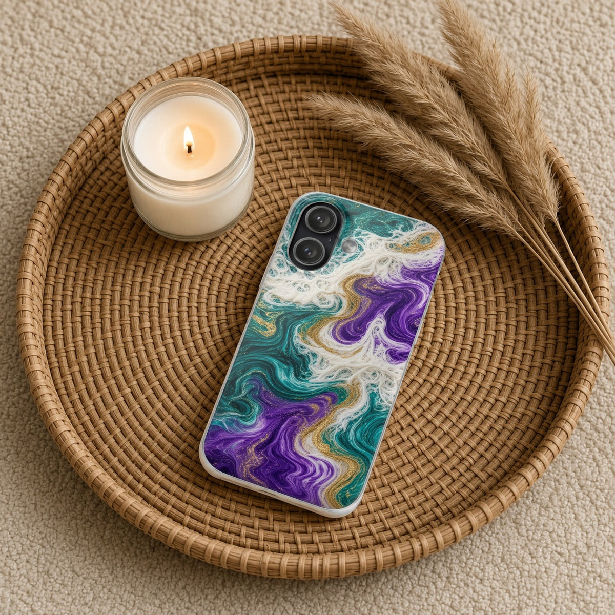 Peacock Resin Wave flexi phone case on a rattan tray with a candle and dried grasses