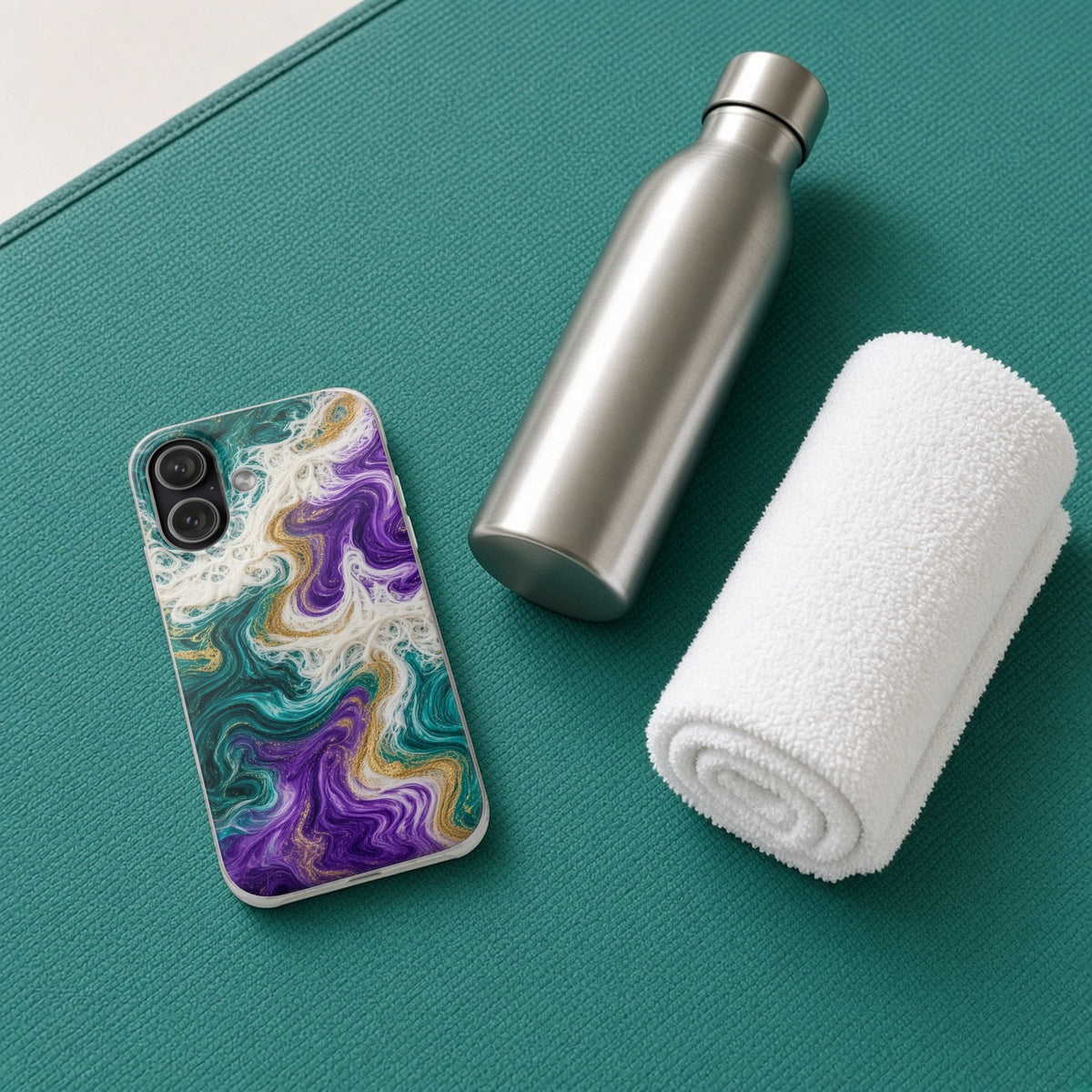 Peacock Resin Wave flexi phone case on a teal yoga mat with a water bottle and towel