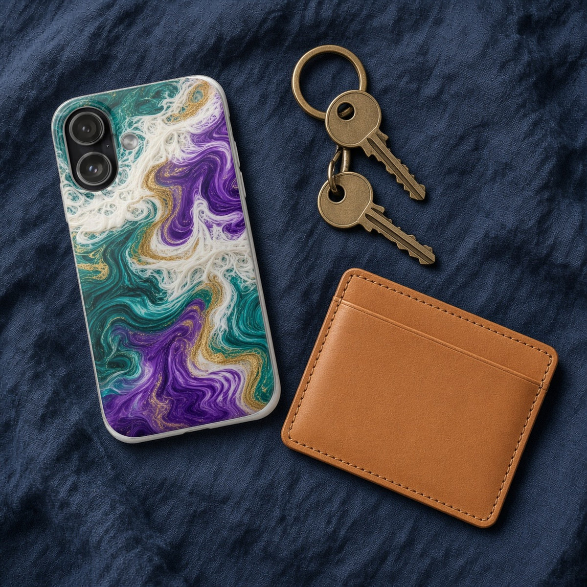 Peacock Resin Wave flexi phone case on navy linen with keys and a leather wallet