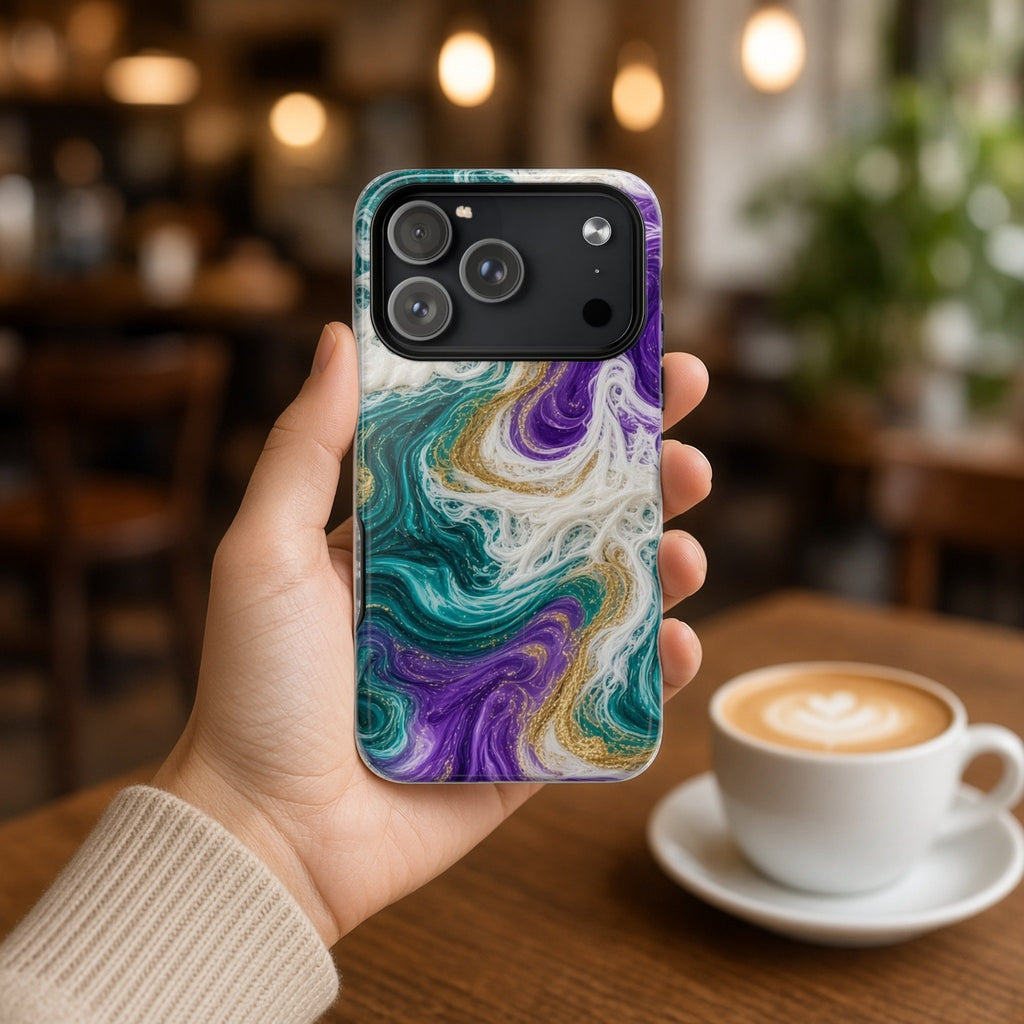 Hand holding the Peacock Resin Wave magnetic iPhone case in a cafe beside a latte