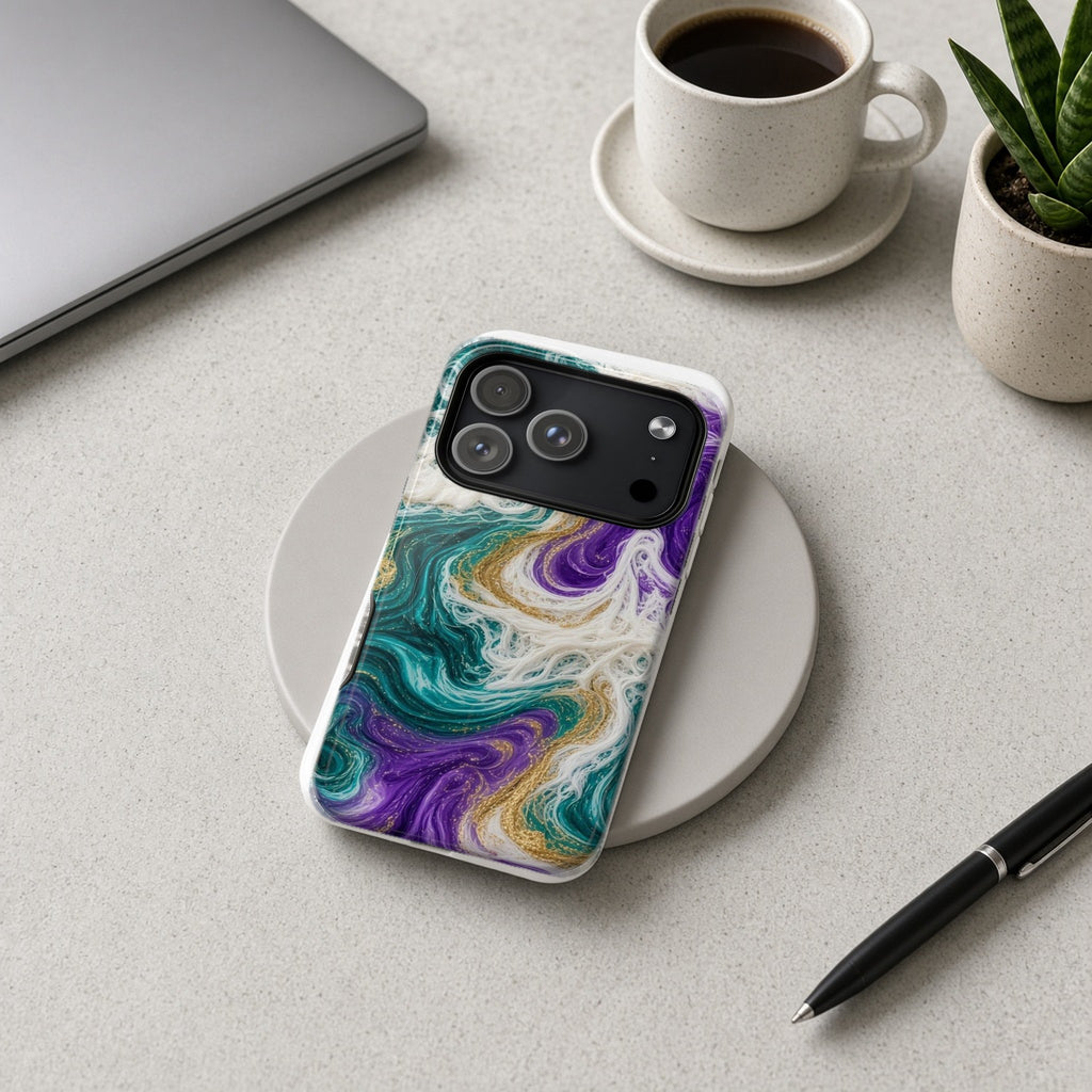 Peacock Resin Wave magnetic iPhone case on a wireless charging pad on a grey desk