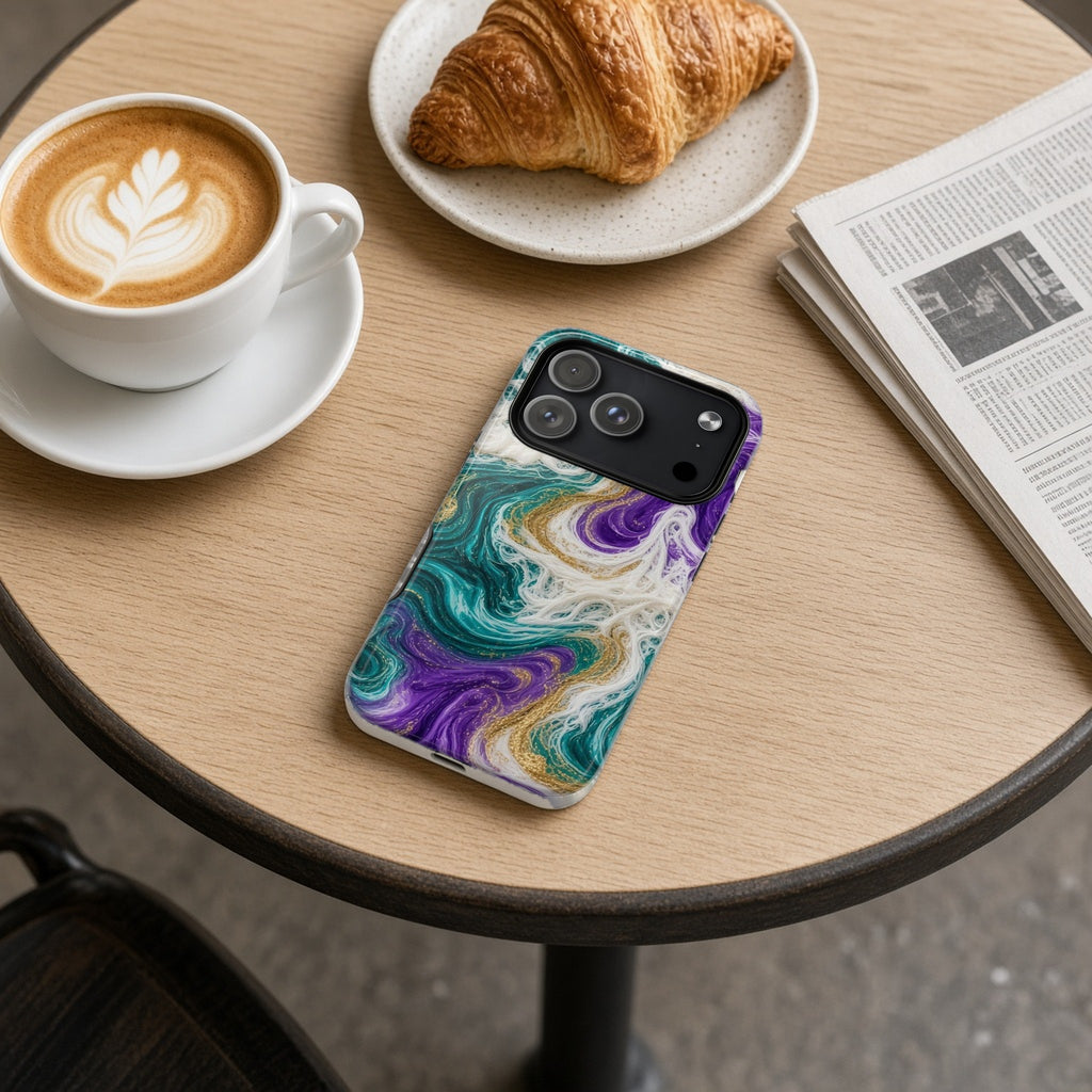 Peacock Resin Wave magnetic iPhone case on a cafe table with a latte, croissant and newspaper