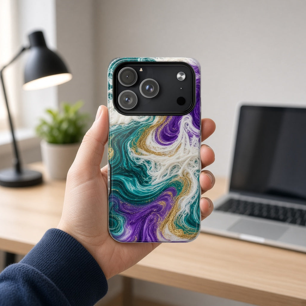 Hand holding the Peacock Resin Wave magnetic iPhone case at a home office desk