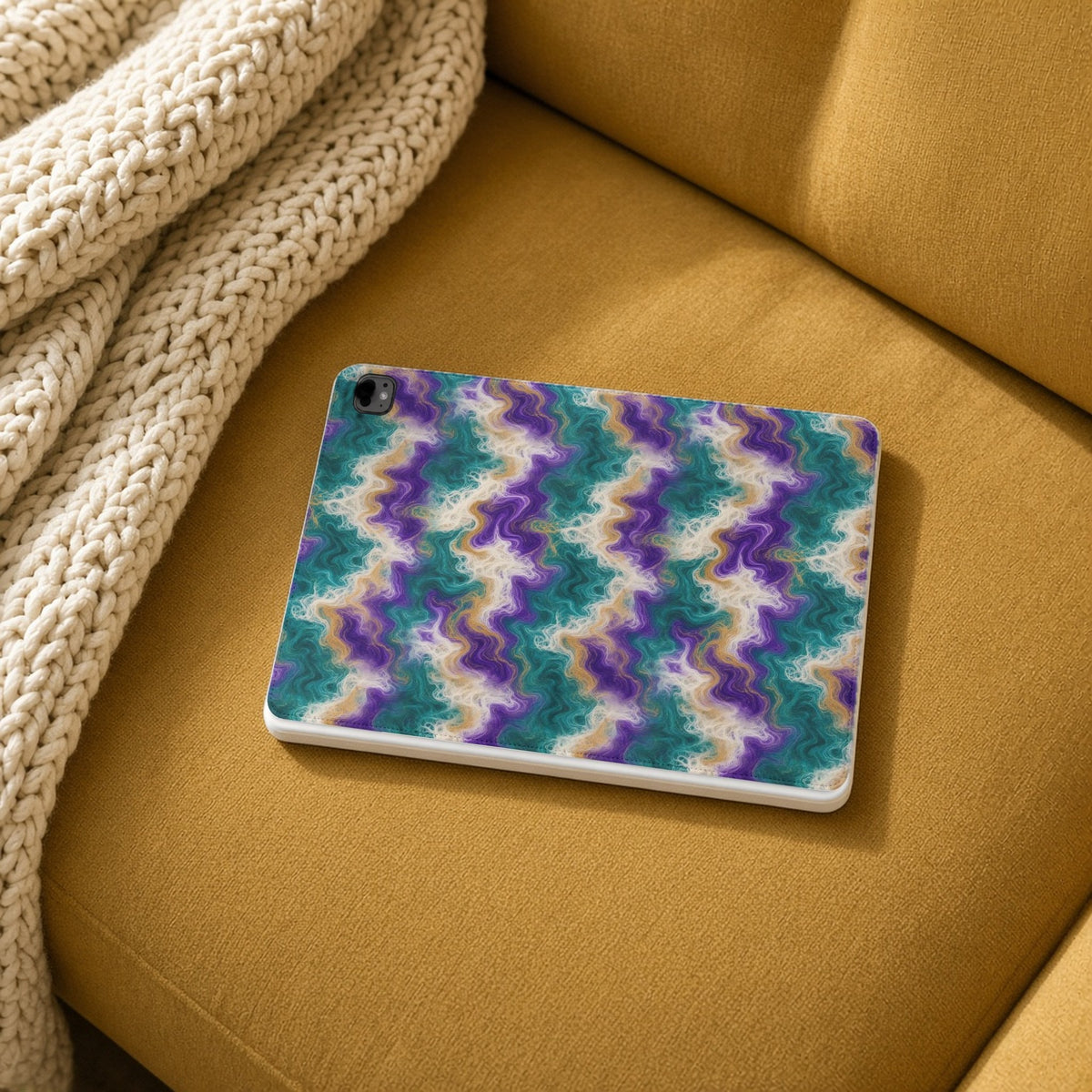 Peacock Resin Wave iPad folio case on a mustard sofa with a knit throw