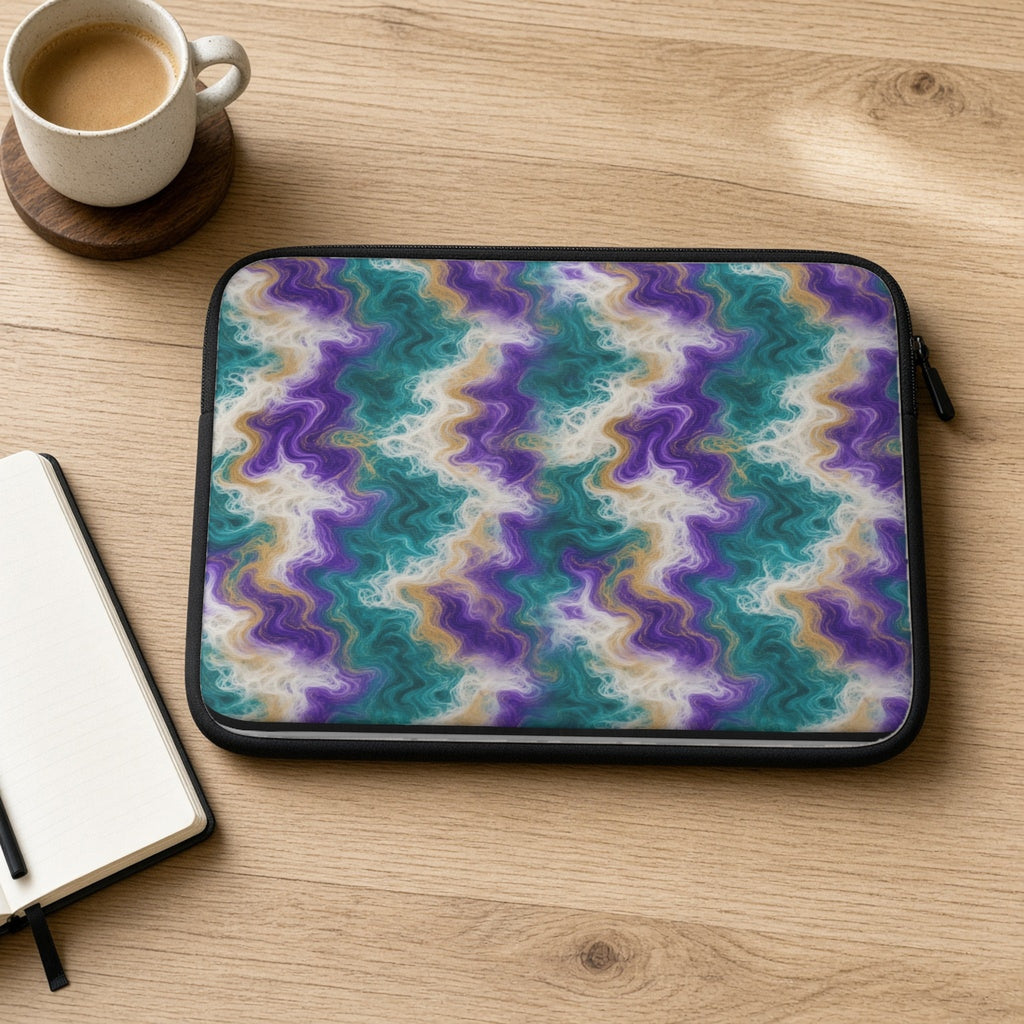 Peacock Resin Wave laptop sleeve on an oak desk with coffee and a notebook