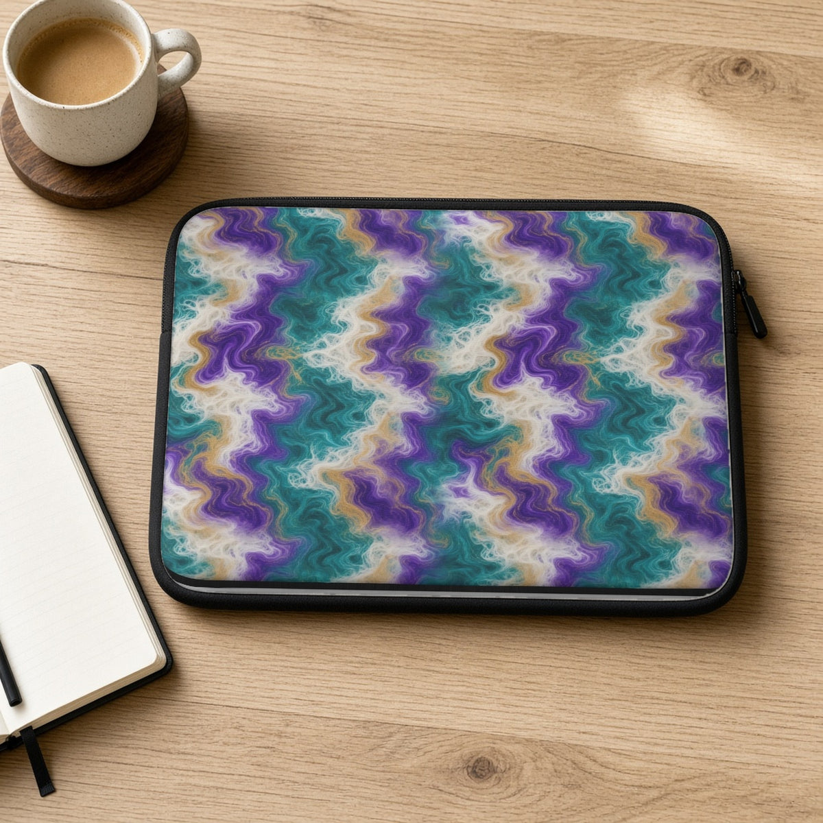 Peacock Resin Wave laptop sleeve on an oak desk with coffee and a notebook