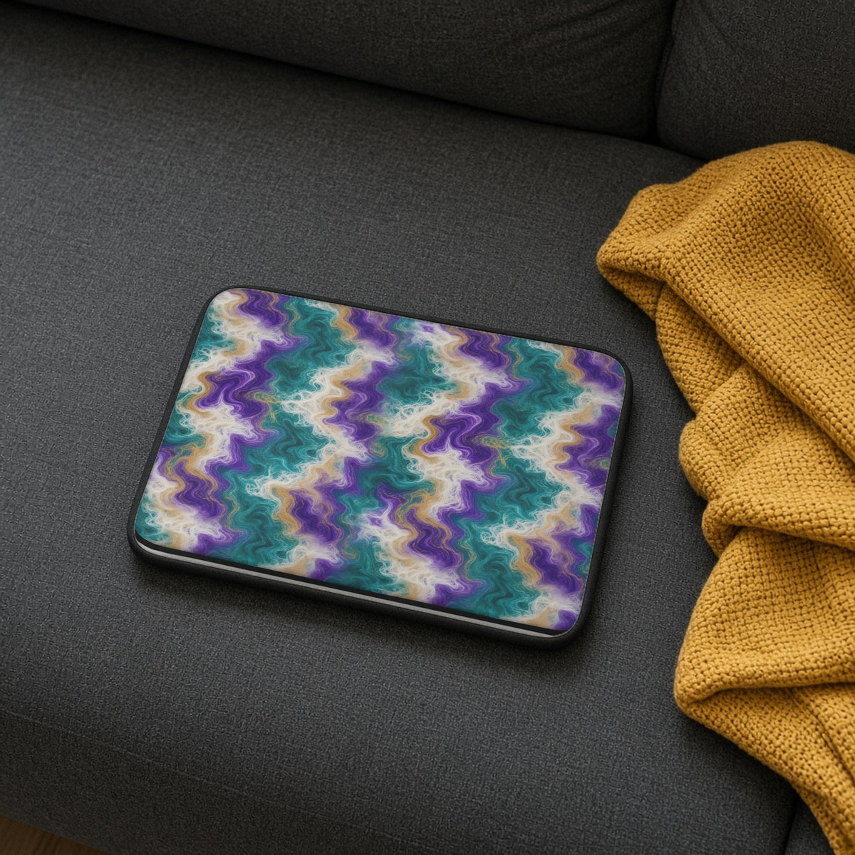 Peacock Resin Wave laptop sleeve on a charcoal sofa with a cosy throw