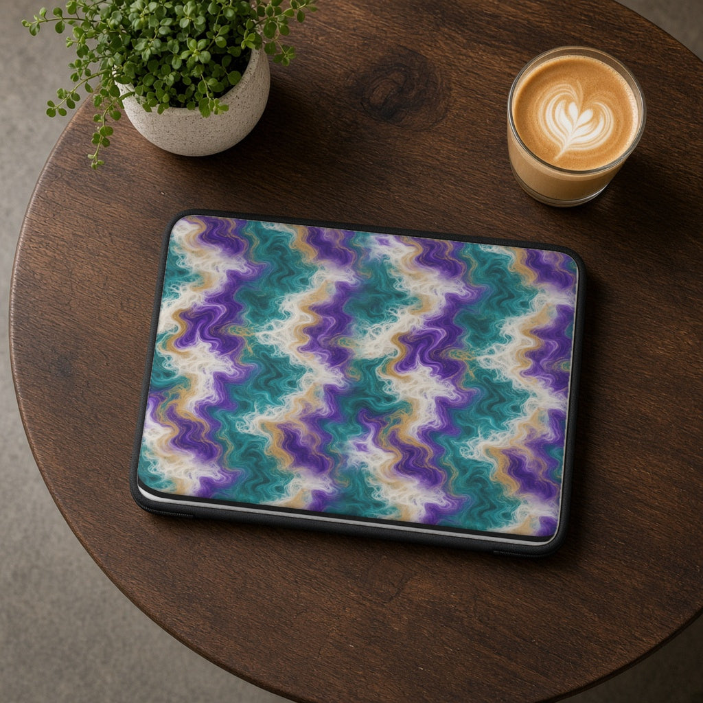 Peacock Resin Wave laptop sleeve on a round wooden cafe table with a latte