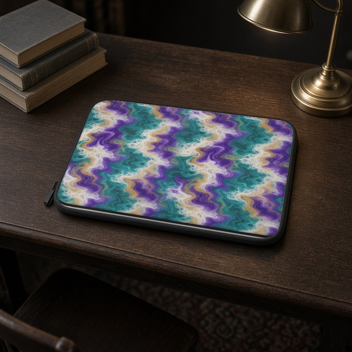 Peacock Resin Wave laptop sleeve on a dark wood library desk with books and a lamp