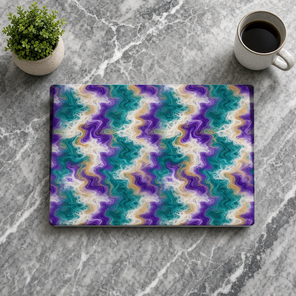 Peacock Resin Wave matte MacBook case from above on grey marble with coffee