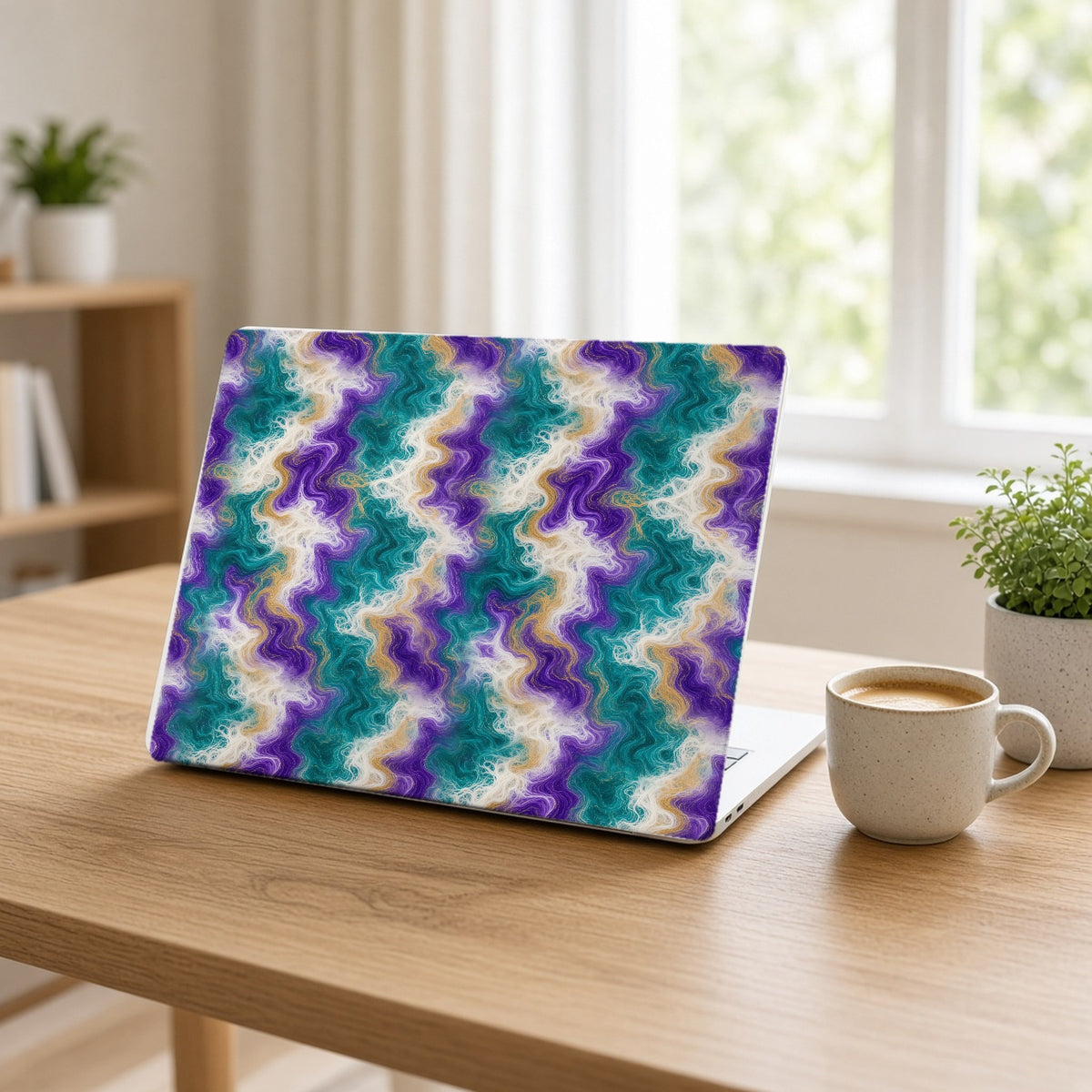 Peacock Resin Wave matte MacBook case on an open laptop at a home office desk