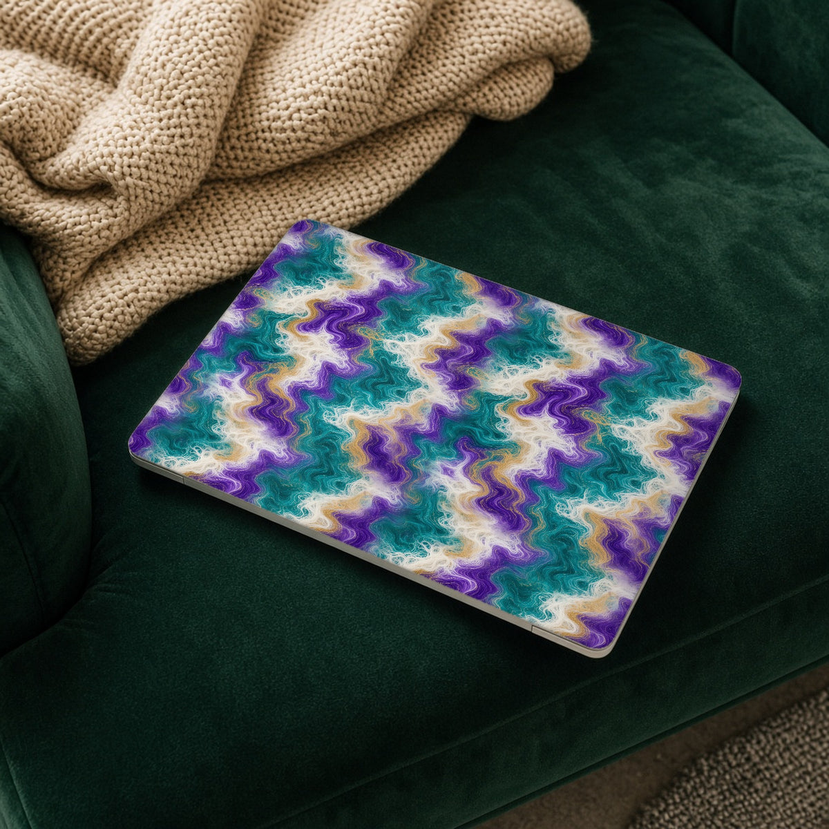 Peacock Resin Wave matte MacBook case on a laptop resting on a green velvet sofa
