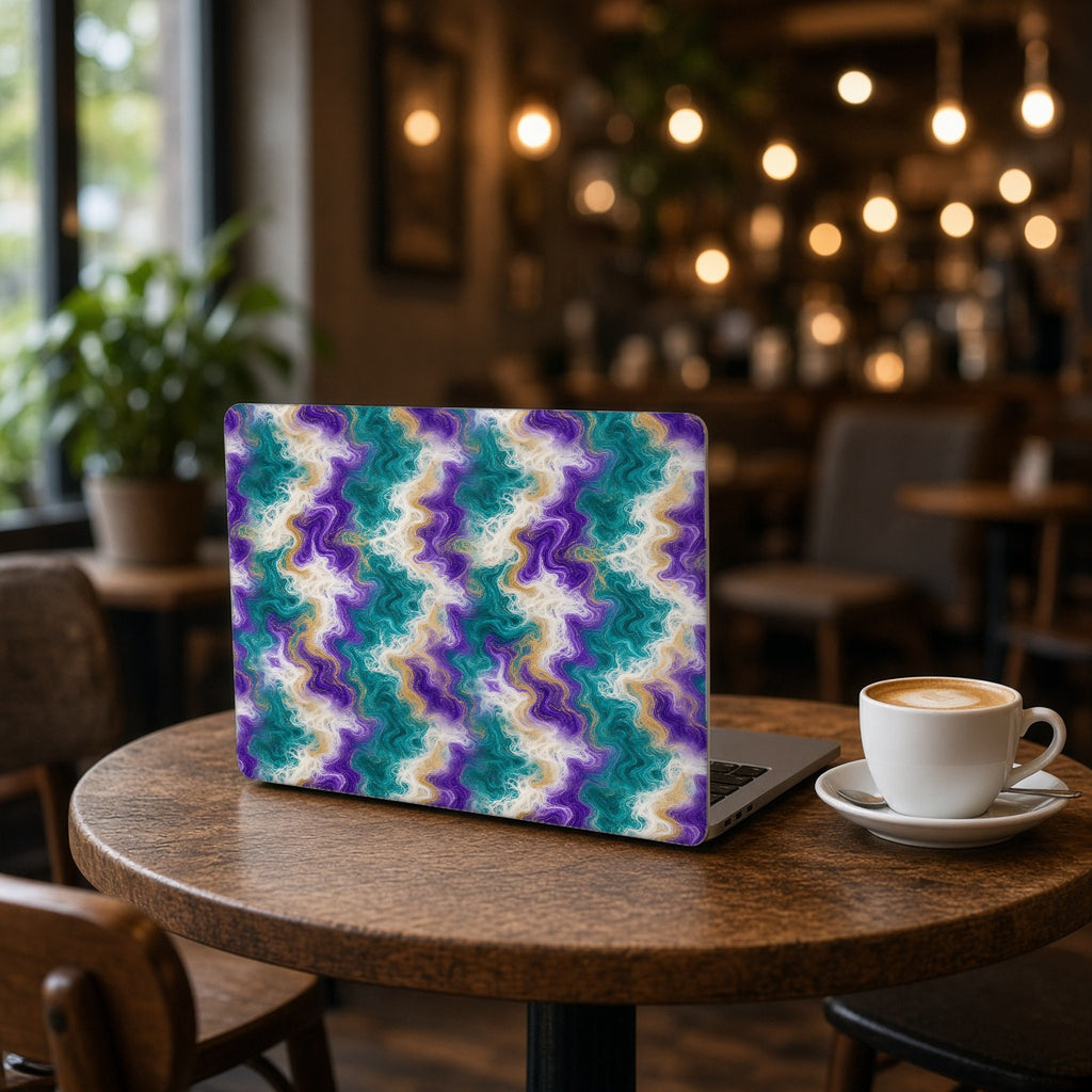 Peacock Resin Wave matte MacBook case on an open laptop on a cafe table