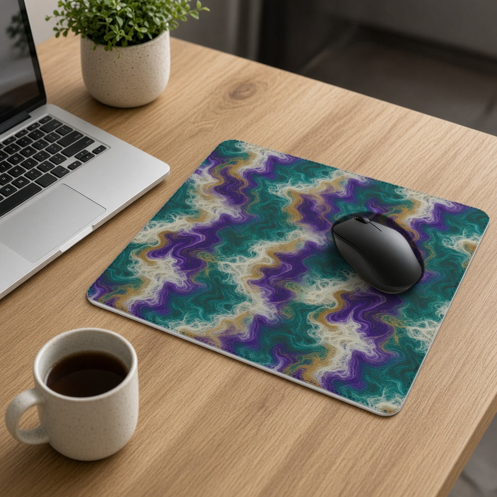 Peacock Resin Wave vegan leather mouse mat on an oak desk with a laptop, mouse and coffee