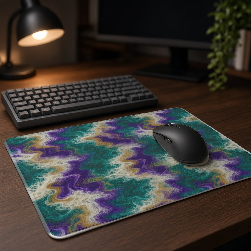 Peacock Resin Wave vegan leather mouse mat on a dark wood desk with keyboard and lamp