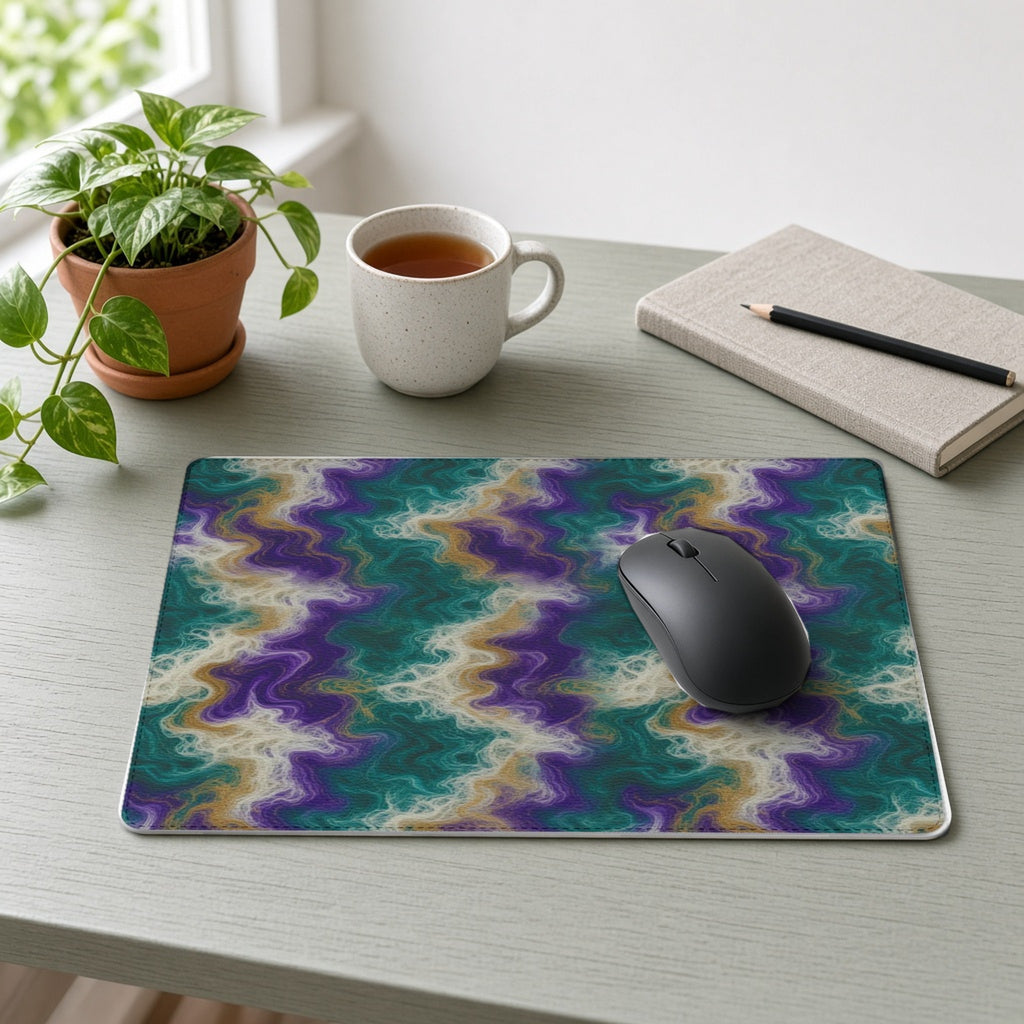 Peacock Resin Wave vegan leather mouse mat on a sage-green desk with a plant, tea and notebook