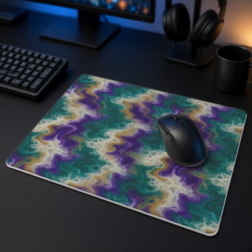 Peacock Resin Wave vegan leather mouse mat in a dark gaming desk setup with headphones