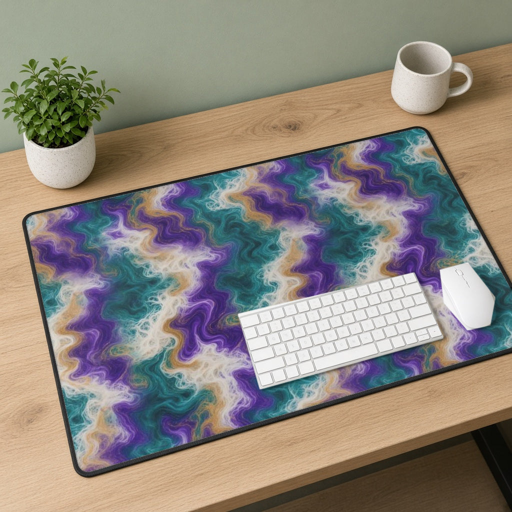 Peacock Resin Wave desk mat on a sage-walled desk with a white keyboard and mouse