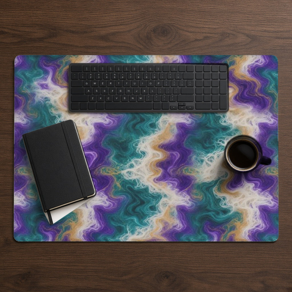 Peacock Resin Wave desk mat from above on walnut with a black keyboard, notebook and coffee