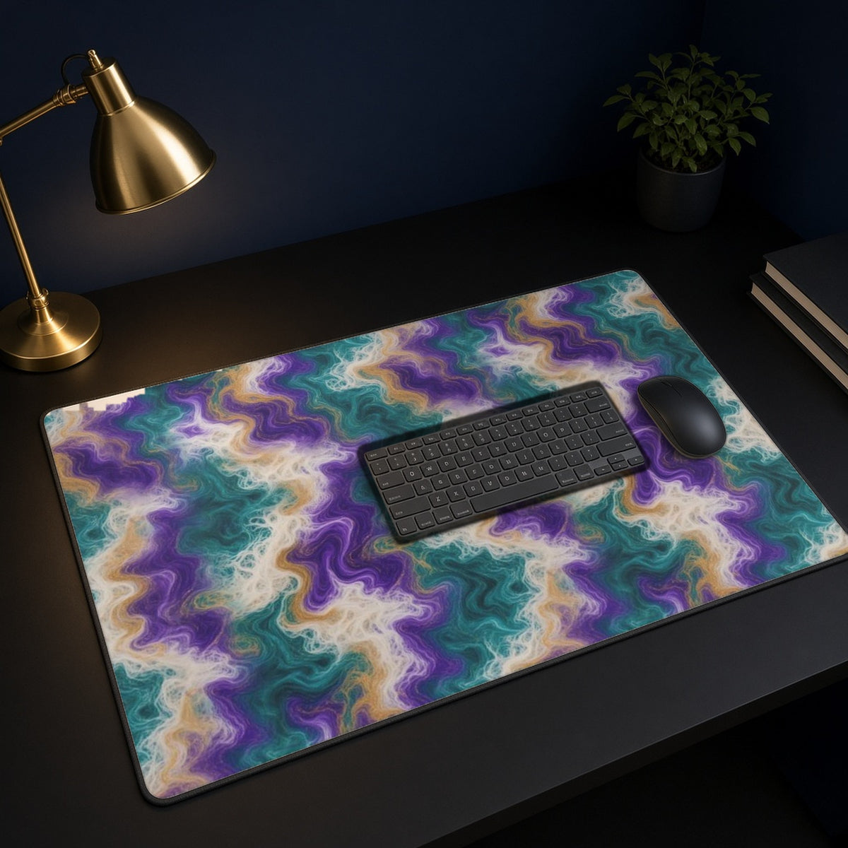 Peacock Resin Wave desk mat on a black desk with a keyboard, mouse and brass lamp
