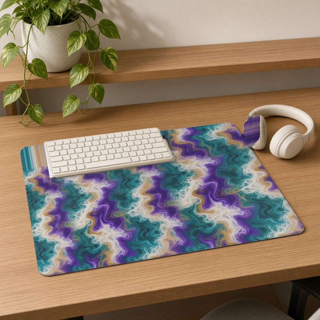 Peacock Resin Wave desk mat on an oak desk with a cream keyboard and headphones