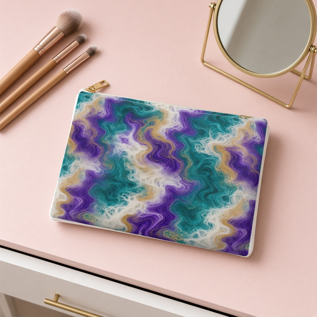 Peacock Resin Wave zip accessory pouch on a pink dressing table with makeup brushes