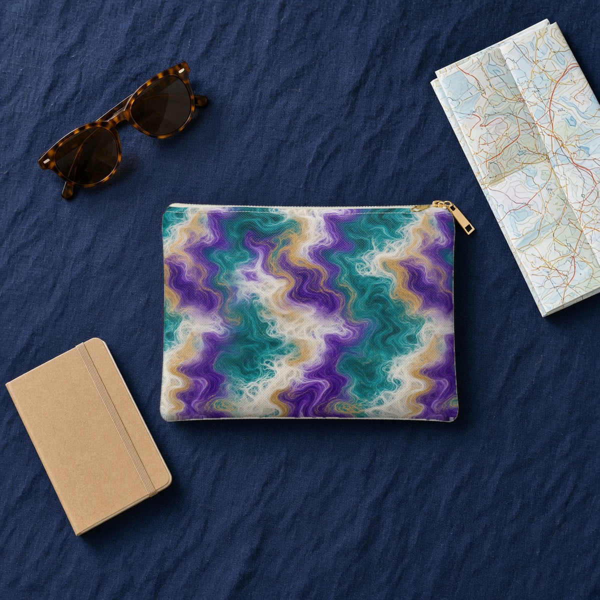 Peacock Resin Wave zip accessory pouch on navy linen with sunglasses, a notebook and map