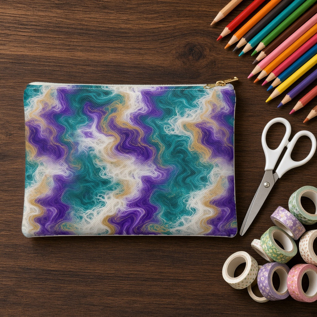 Peacock Resin Wave zip accessory pouch on a walnut desk with coloured pencils and washi tape