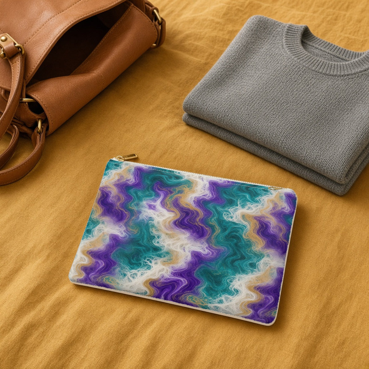 Peacock Resin Wave zip accessory pouch on a mustard bedspread with a leather bag and jumper