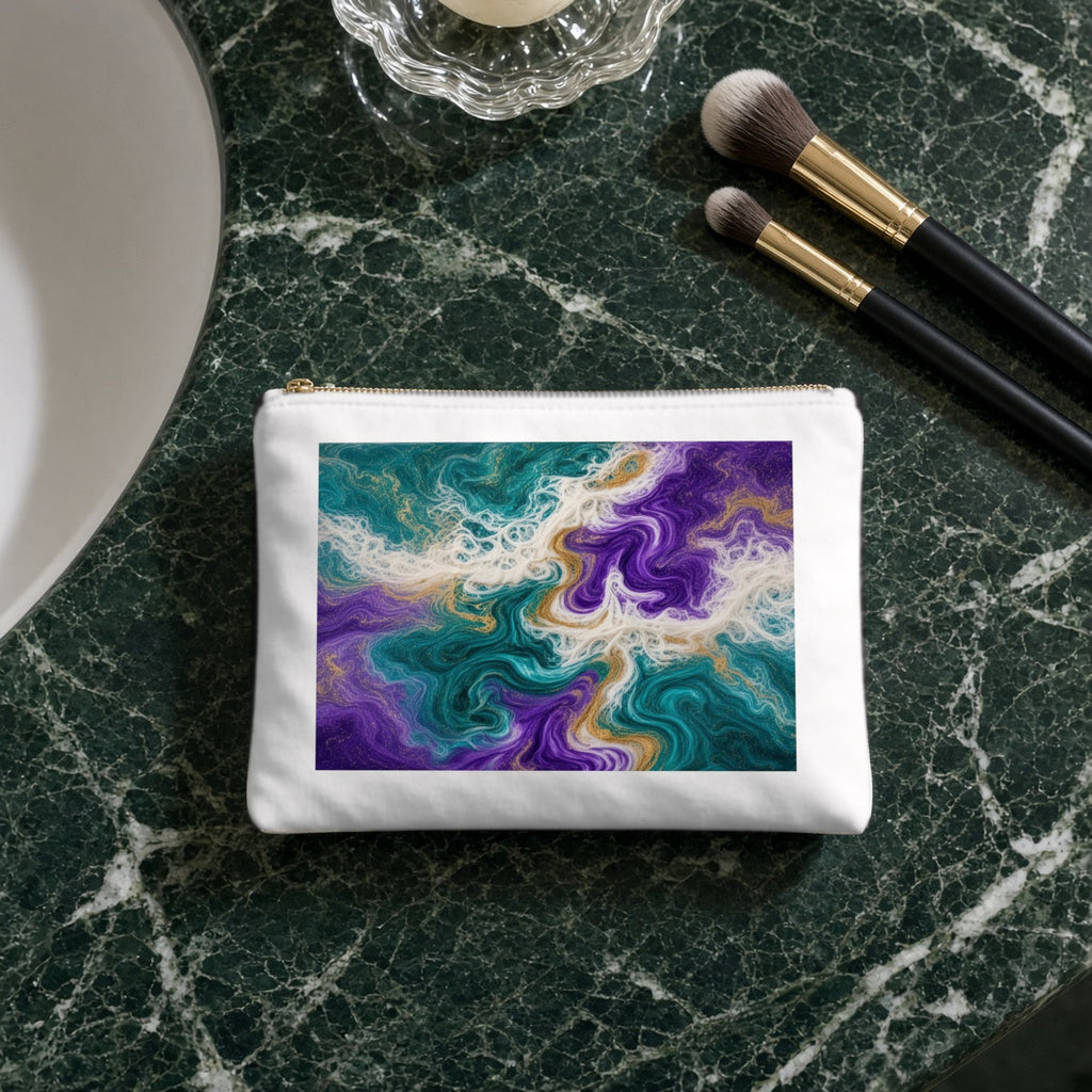 Peacock Resin Wave canvas cosmetic bag on a green marble vanity