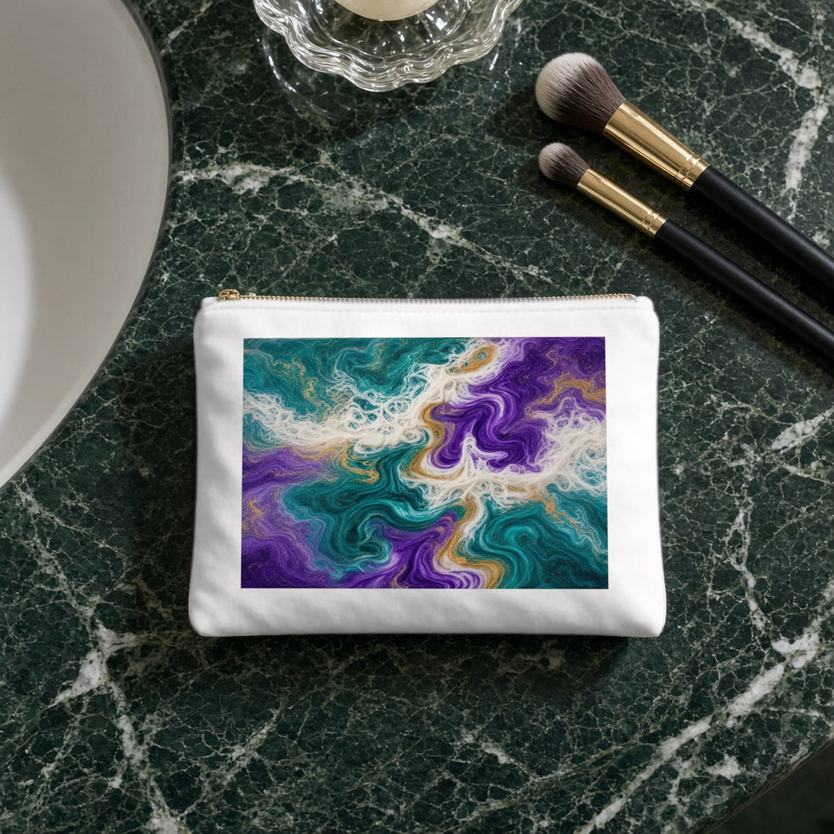 Peacock Resin Wave canvas cosmetic bag on a green marble vanity