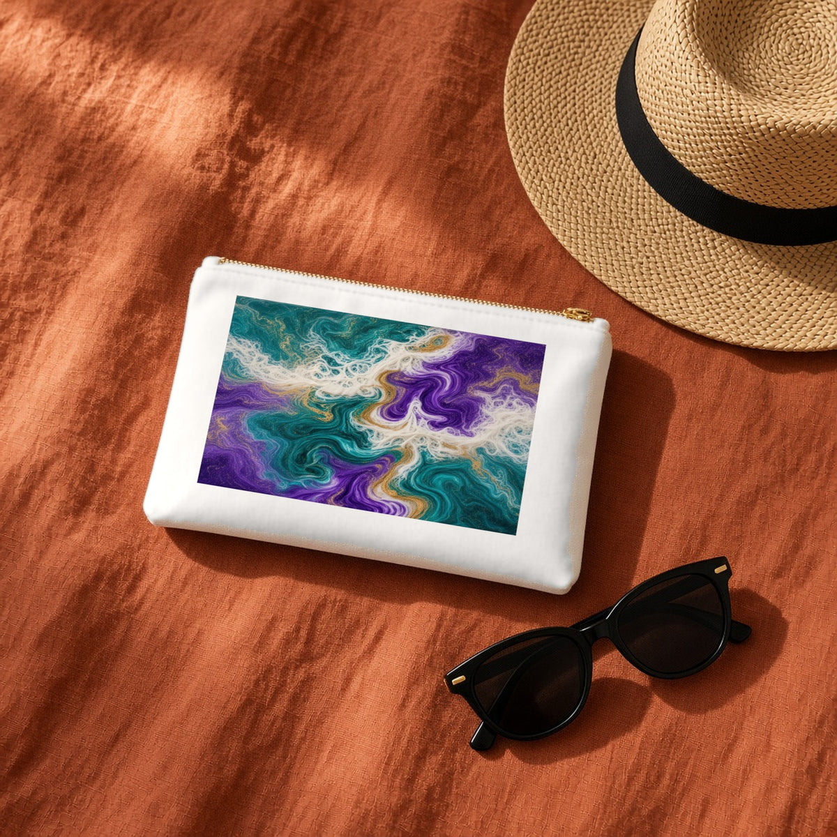 Peacock Resin Wave canvas cosmetic bag on terracotta linen with a sun hat and sunglasses
