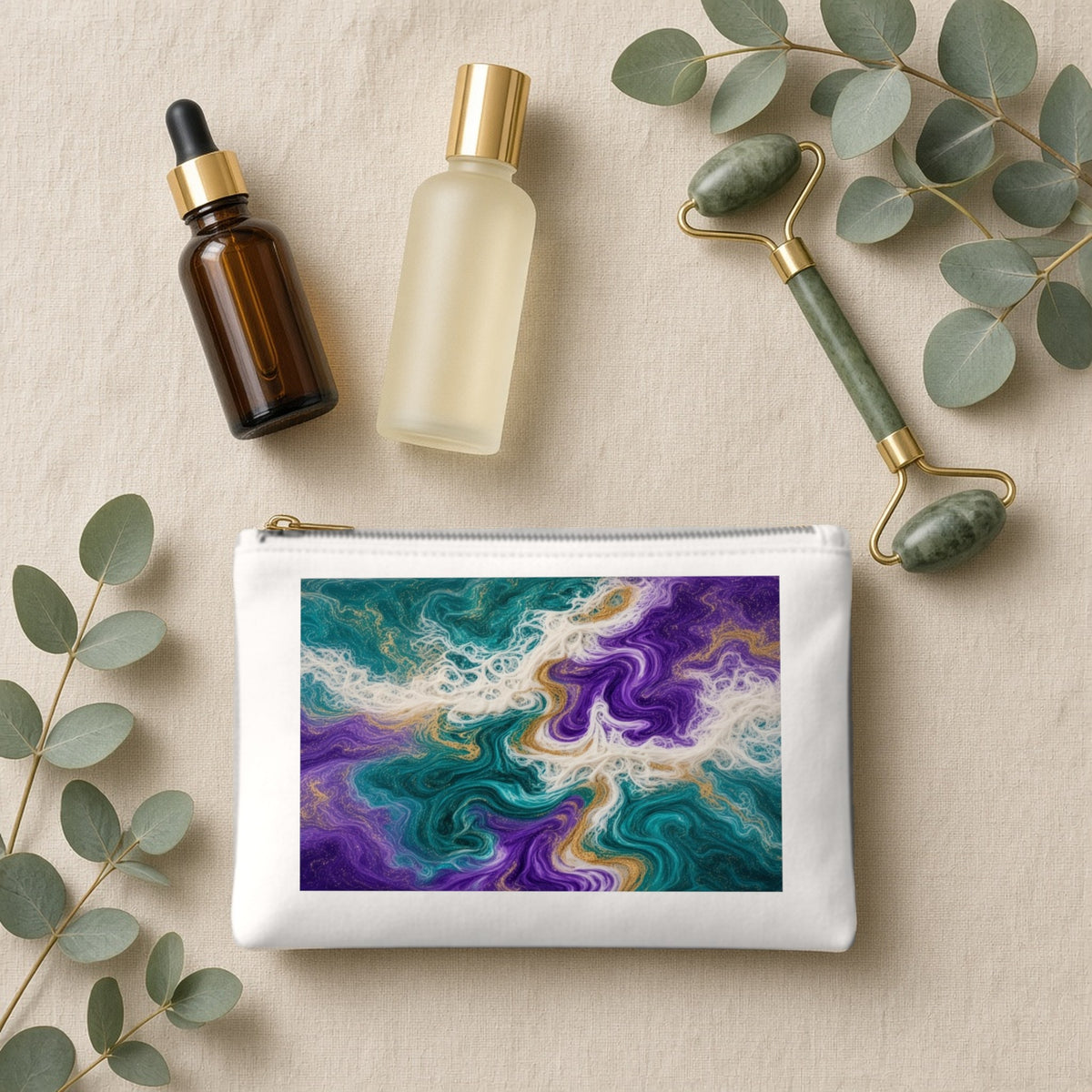 Peacock Resin Wave canvas cosmetic bag on beige linen with skincare bottles