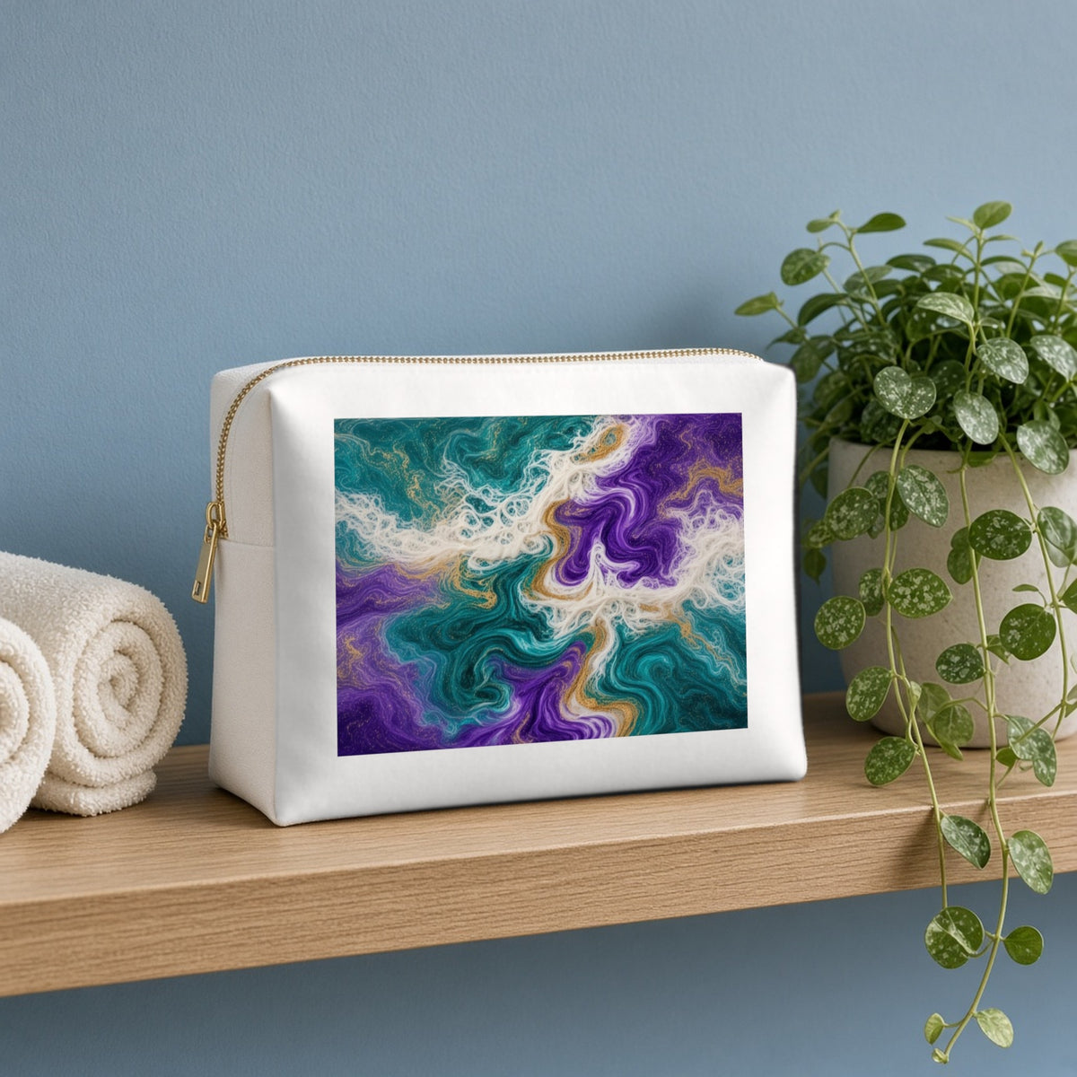 Peacock Resin Wave canvas cosmetic bag on a wooden shelf against a blue wall with towels and a plant