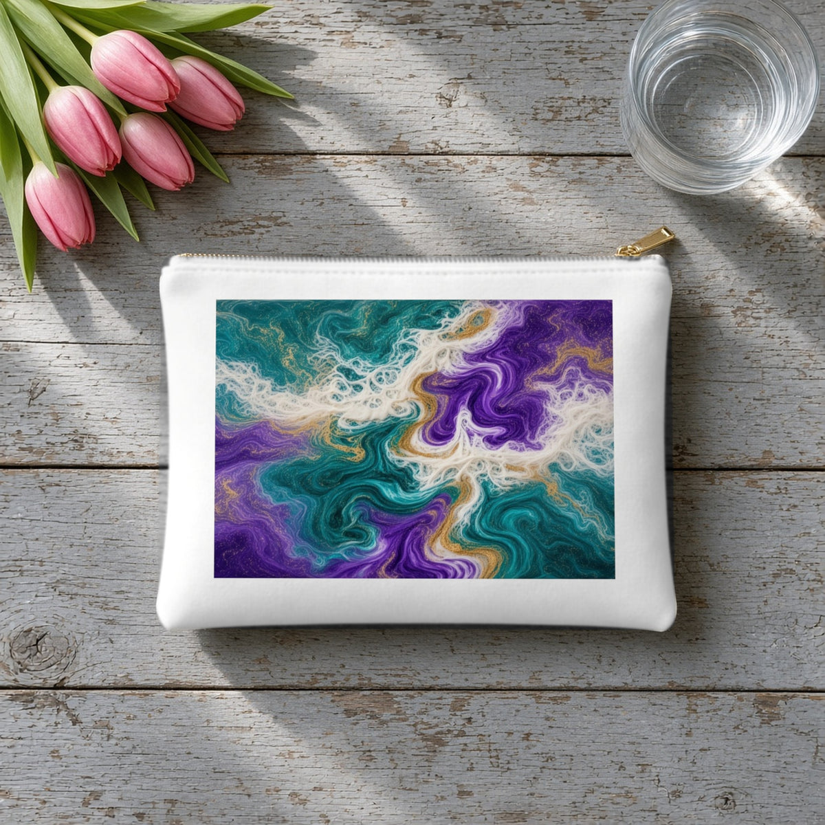 Peacock Resin Wave canvas cosmetic bag on grey wood with tulips