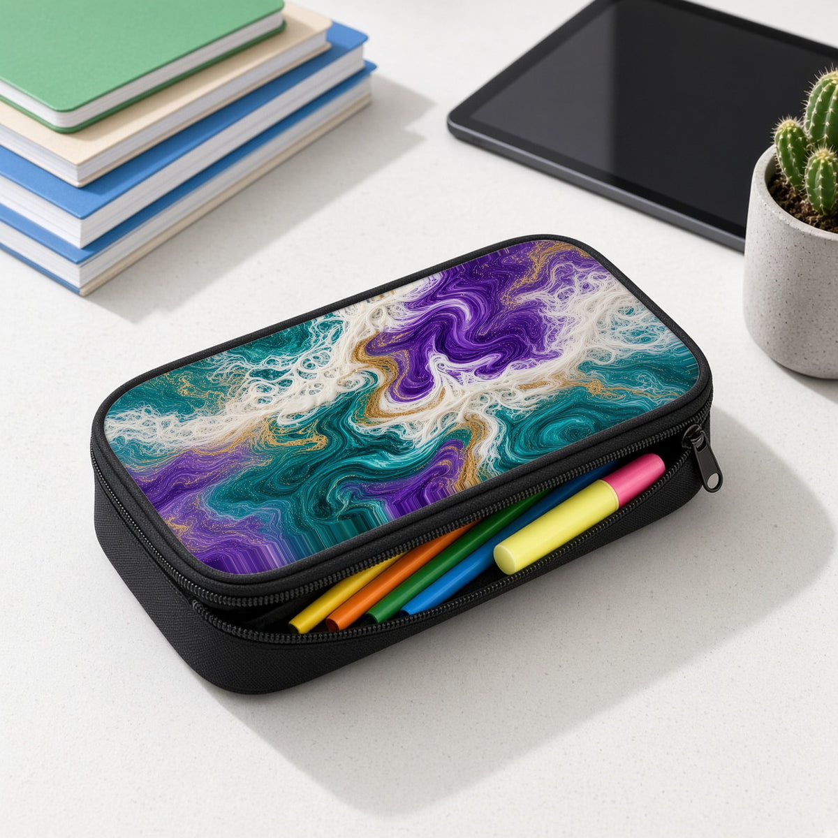 Peacock Resin Wave pencil case open with colourful pens and highlighters on a white desk