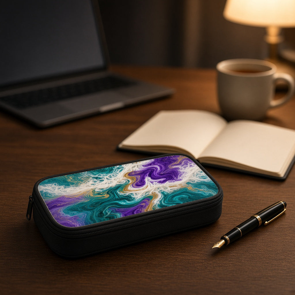 Peacock Resin Wave pencil case on a wooden desk beside an open notebook and fountain pen
