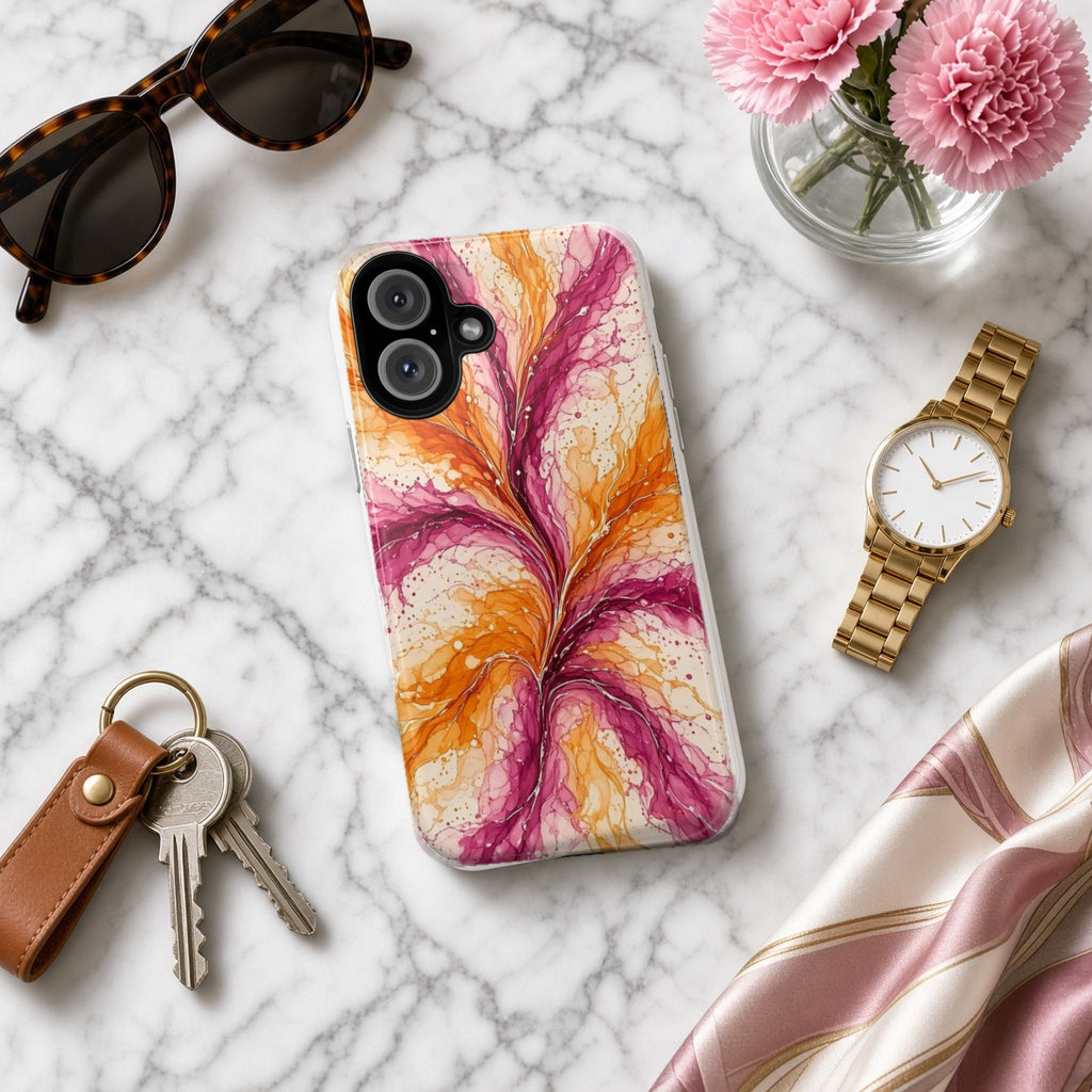 Sunset Ink Branches tough phone case on white marble with a watch, keys and sunglasses
