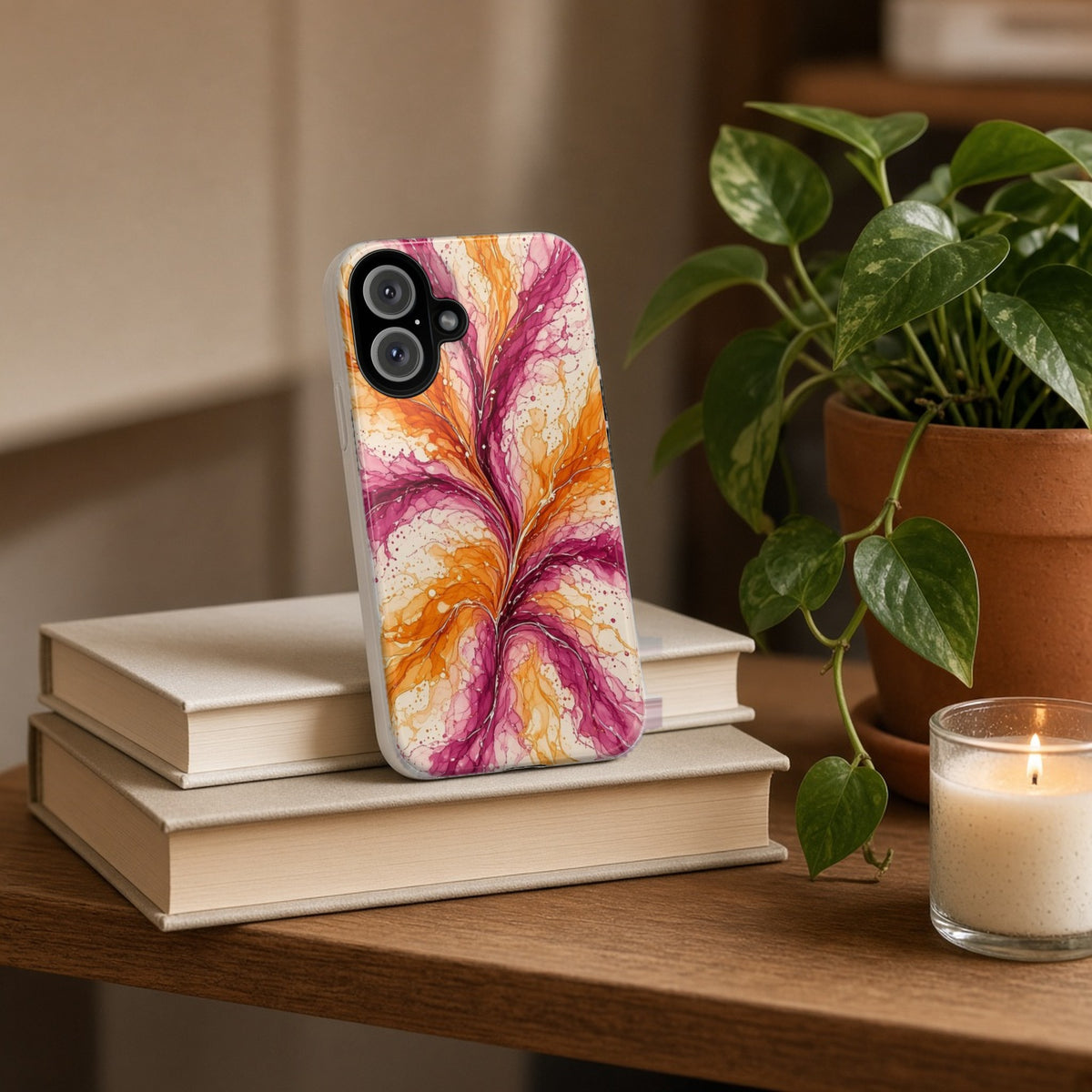 Sunset Ink Branches tough phone case propped on a stack of books beside a plant and candle