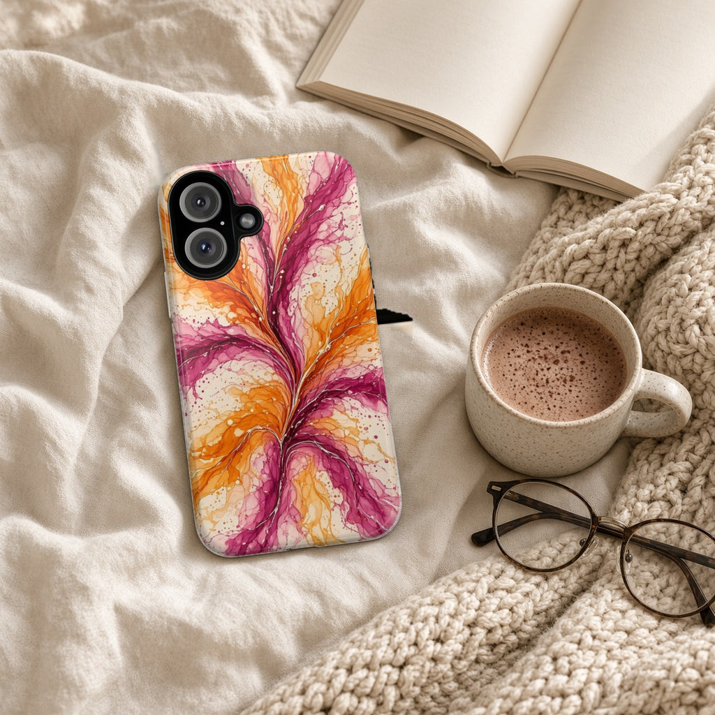 Sunset Ink Branches tough phone case on a cosy knit blanket with a hot chocolate and glasses